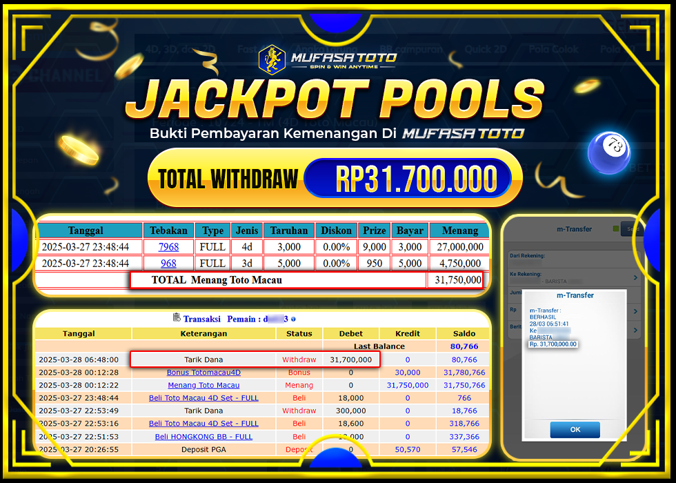 MUFASATOTO JACKPOT POOL TOTO MACAU Rp 31.700.000 | LUNAS